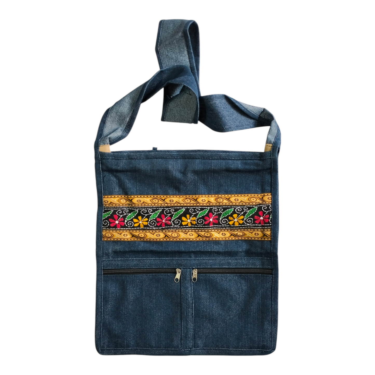 Unisex Jeans Denim Sling Spacious Jhola Bag with Shantiniketan Traditional Art Design