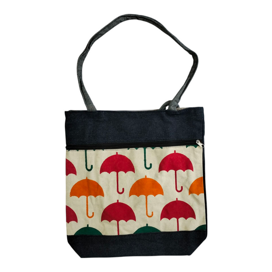 Colorful Umbrella Design Shantiniketan Style Tote Bag-Jeans Material