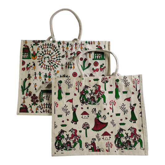 Pack of 2 Jute Tote Bag Shantiniketan Style - Spacious Printed Design Eco-Friendly