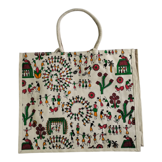Pack of 2 Jute Tote Bag Shantiniketan Style - Spacious Printed Design Eco-Friendly