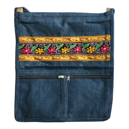 Unisex Jeans Denim Sling Spacious Jhola Bag with Shantiniketan Traditional Art Design